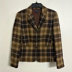 Lands End Wool Blend Brown Plaid Women's Blazer Size 14 NWOT